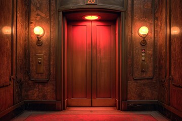 Fototapeta na wymiar Vintage-Style Elevator Interior With Wooden Panels and Dim Lighting