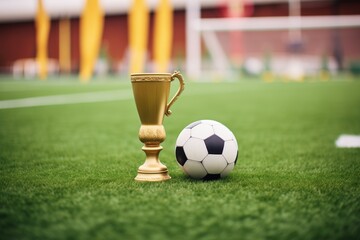 golden cup on a turf field with soccer ball nearby