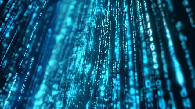 A visual depicting blue binary code cascading through digital space.
