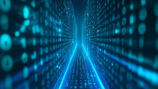 A tunnel-like array of digital binary code illuminated in blue light, depicting the path leading into the depths.
