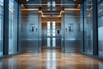 Modern Elevator Interior With Open Doors in a Contemporary Office Building Lobby