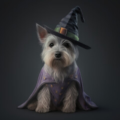 Dog yorkshire sorcerer portrait. Yorkshire terrier puppy breed wearing fashionable and stylish hat and cape for halloween photo shoot. Generative ai.
