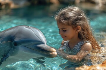 Young Child Girl Engaging With a Dolphin in Clear Waters During a Sunny Day