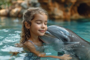 Young Child Girl Engaging With a Dolphin in Clear Waters During a Sunny Day