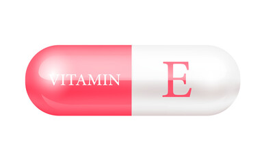 Capsule vitamin E (Thiamine) structure pink, white. Vitamin complex with chemical formula. Drug business. Personal care, beauty concept. Cut out PNG transparent pill.	
