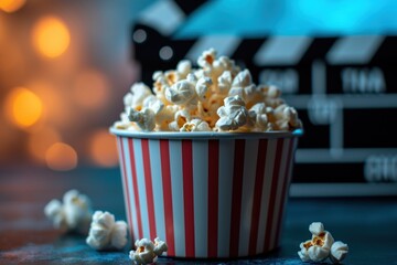 Freshly Popped Popcorn in a Classic Red and White Stripe Cup With a Movie Clapperboard in the Background