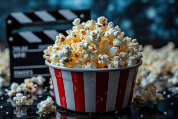 Freshly Popped Popcorn in a Classic Red and White Stripe Cup With a Movie Clapperboard in the Background
