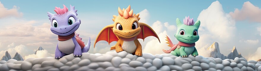 Whimsical characters of dragons and dinosaurs coming together in a cartoon, promoting the theme of friendship for children.