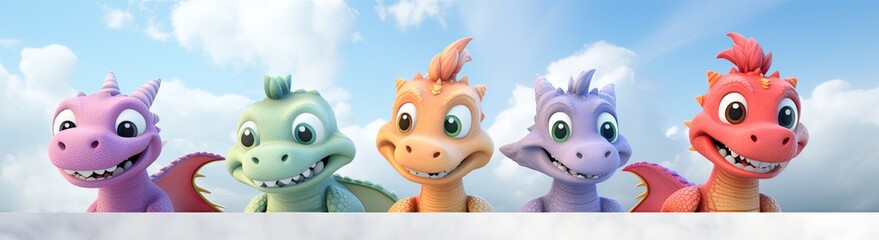 A delightful scene featuring cartoon dragon and dinosaur characters, united in friendship for a heartwarming children's narrative.