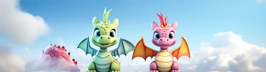 Fototapeten A delightful scene featuring cartoon dragon and dinosaur characters, united in friendship for a heartwarming children's narrative. © Murda