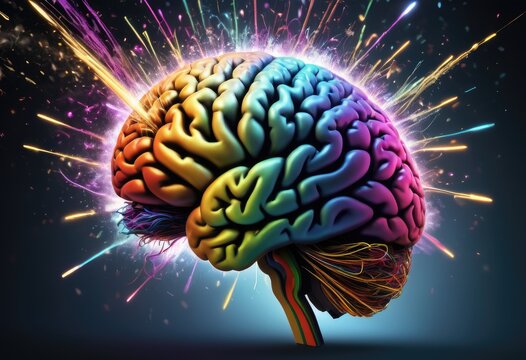 Artistic representation of a human brain exploding with colorful sparks of knowledge and creativity
