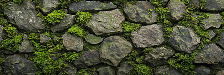 Lush green moss on a rugged stone wall, seamless nature background texture - Powered by Adobe