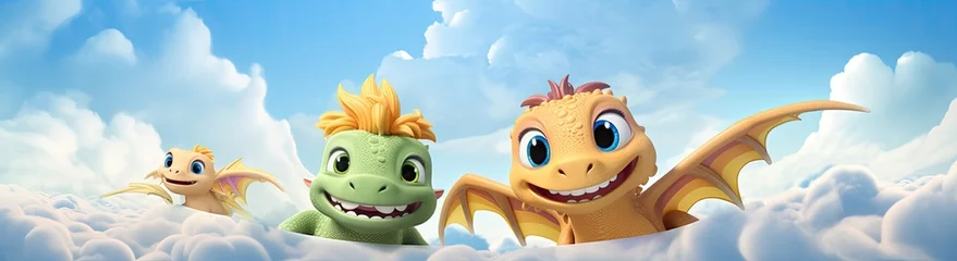  A delightful scene featuring cartoon dragon and dinosaur characters, united in friendship for a heartwarming children's narrative. © Murda