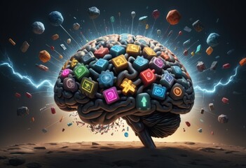Concept art of a human brain bursting with symbols of knowledge and creativity