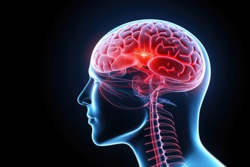 Obraz premium Red mind axon pain, a trigger for brain distress. A red dot signifies pain point, reflecting broken cell. Primary Headache, Migraine, Cephalalgia, interconnectedness of brain, Head pain perception