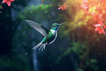 Gracefully hovering amidst tropical blooms, a ruby-throated hummingbird illustrates the serene elegance and natural beauty of dawn. AI generative.