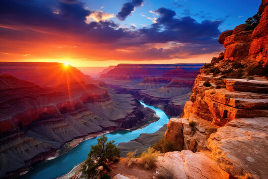 Witness the breathtaking vista of the Grand Canyon bathed in the warm hues of a vibrant sunset. Nature's wonder now AI generated. AI generative.