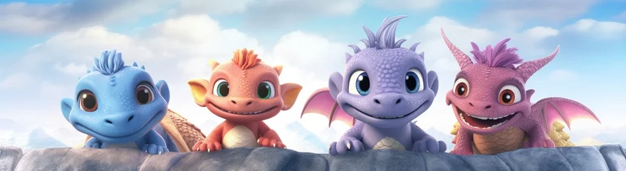 Fototapete A delightful scene featuring cartoon dragon and dinosaur characters, united in friendship for a heartwarming children's narrative. © Murda