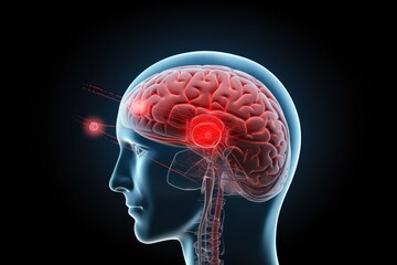 Red mind axon pain, a trigger for brain distress. A red dot signifies pain point, reflecting broken cell. Primary Headache, Migraine, Cephalalgia, interconnectedness of brain, Head pain perception - obrazy, fototapety, plakaty