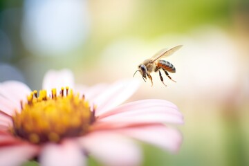 bee landing on a coneflower with blurred garden background - obrazy, fototapety, plakaty