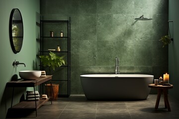 minimalist hotel bathroom toilet with dark gray stone countertops and a rainfall showerhead, on an isolated green background, Generative AI