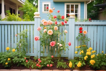 a freshly painted fence with climbing roses and perennials