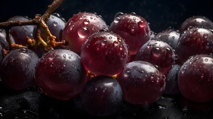Fresh grapes with water splashes and drops on black background