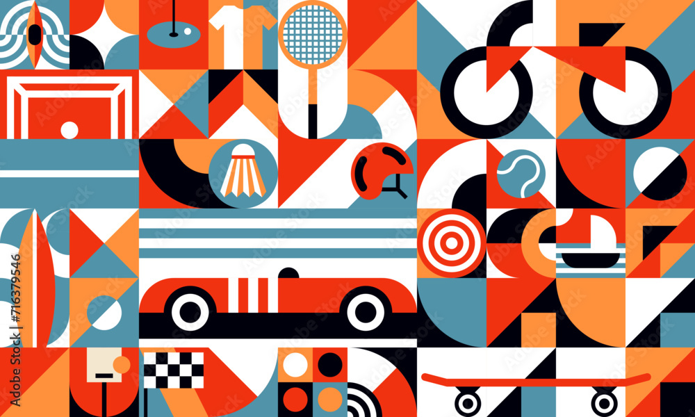 Poster geometric summer sport pattern background with retro cars, abstract vector. minimal pattern with vin