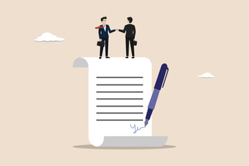 Agreement of two business people shaking hands, business contract agreement, deal concept, contract agreement between two business people. Business people standing on a signed contract.