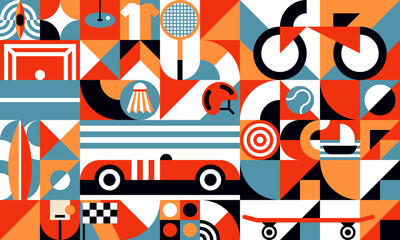 Geometric summer sport pattern background with retro cars, abstract vector. Minimal pattern with vintage shapes and geometric forms of summer sport items, bicycle and skateboard