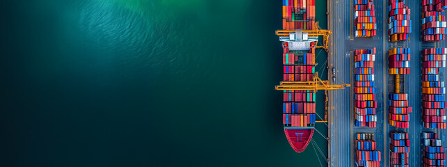 Aerial view of a cargo ship loaded with colorful containers at a commercial dock, representing global trade and logistics - obrazy, fototapety, plakaty
