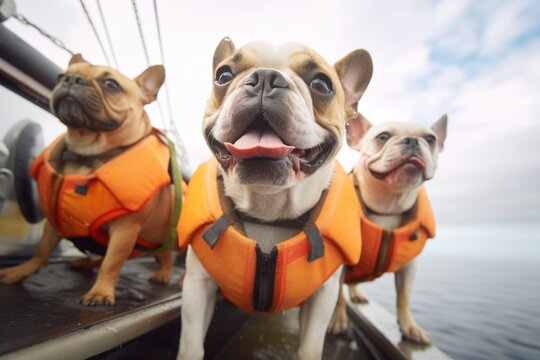 canines on a boat with life vests on
