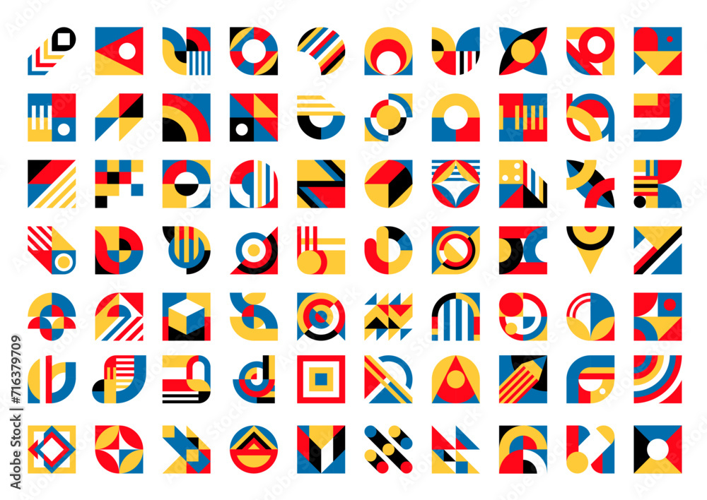 Poster Modern elements of abstract geometric pattern with vector circle, square and triangle, arch and wave shapes. Modern color blocks of abstract collages with minimal shapes, figures and forms