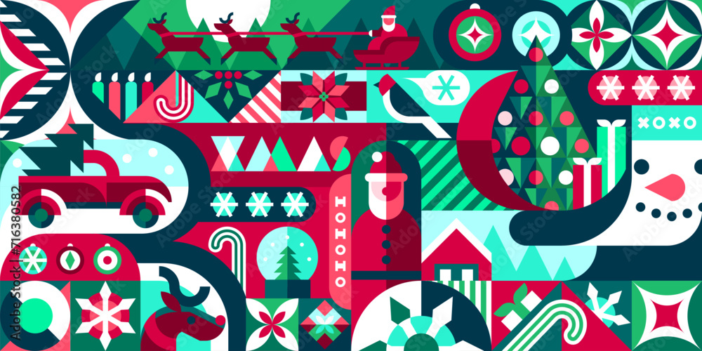 Poster christmas new year modern geometric pattern. xmas holiday vector background with circle, square and 
