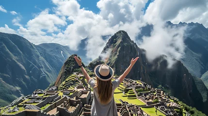 Cercles muraux Machu Picchu Tourists raising their hands happy to arrive at Machu Picchu, Peru, wonders of the world, world travel concept
