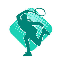Silhouette of a male tennis player in action pose. Silhouette of a man playing tennis sport with racket.