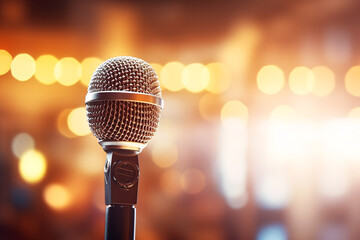 Microphone in Spotlight. Singer Performs on Stage