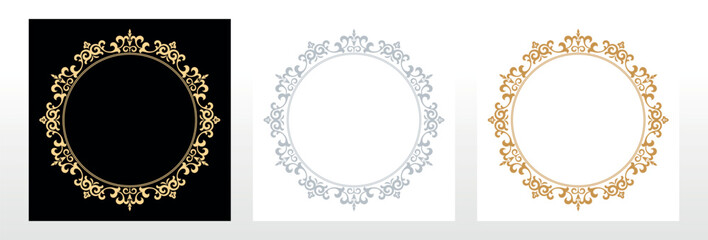 Obraz premium Set of decorative frames Elegant vector element for design in Eastern style, place for text. Floral black, gold and gray borders. Lace illustration for invitations and greeting cards