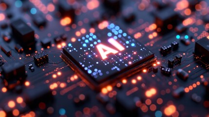 3D Illustration: Advanced Mobile Microprocessor Connecting with a Motherboard and Activates entire System. AI Letters on Chip Glowing. Energy Pulse Expanding after CPU Connected to Socket. - obrazy, fototapety, plakaty