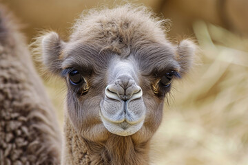 The playful expression of a baby camel, emphasizing its adorable features