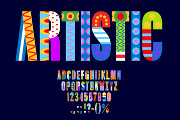 Geometric abstract font, type or color shape typeface, vector urban art English alphabet. ABC letters font of artistic retro or modern creative typography type with colorful pattern and shapes - obrazy, fototapety, plakaty