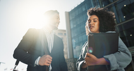 Outdoor, business people and conversation with handshake, greeting and contract with lens flare,...