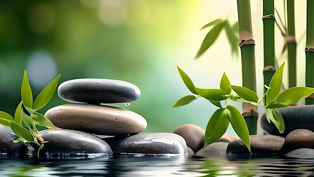 Stream stones and bamboo shoots feng shui spa. Generative AI, Nature.