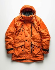 Orange color hiking jacket. Generative AI technology.