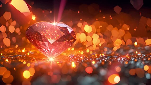Pink diamond heart with sparkling lights. Red heart shaped diamond, on a dark background bokeh lights. Shiny gem glitter
