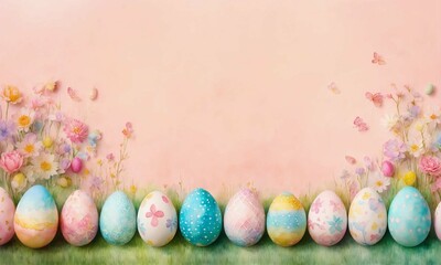 Easter colorful eggs on pink background. Happy spring holiday. banner. Easter is the main event for believers, timed coincide with resurrection of Jesus Christ. Copy space for text 