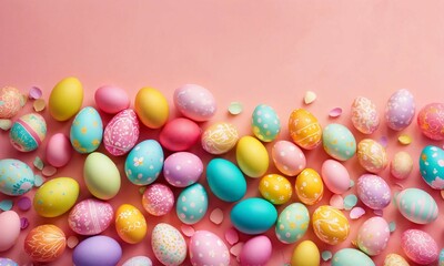 Fototapeta na wymiar Many easter colorful eggs on pink background. Happy spring holiday. banner. Easter is main event for believers, timed coincide with resurrection of Jesus Christ. Copy space for text 