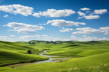Peaceful meadow with rolling hills under a partly cloudy sky, Generative AI