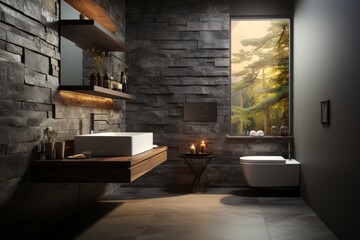 sleek hotel bathroom toilet with dark gray stone tiles, on an isolated white background, Generative AI