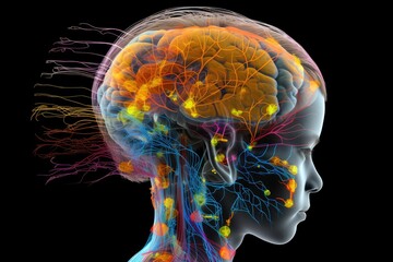 Obraz premium Baby, child head scan colorful little brain. Neurological notions neuronal oscillations, brain inhibition, postsynaptic potentials. Neural dynamics cognitive agility. Tay-Sachs neurological health.